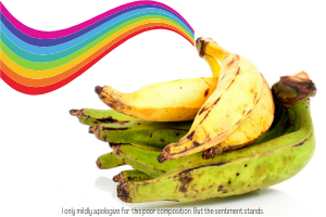 Poorly imagined rainbow wave leading to a pile of plantains. The thought here is that at the end of the rainbow is a bunch of plantains. I really love plantains.