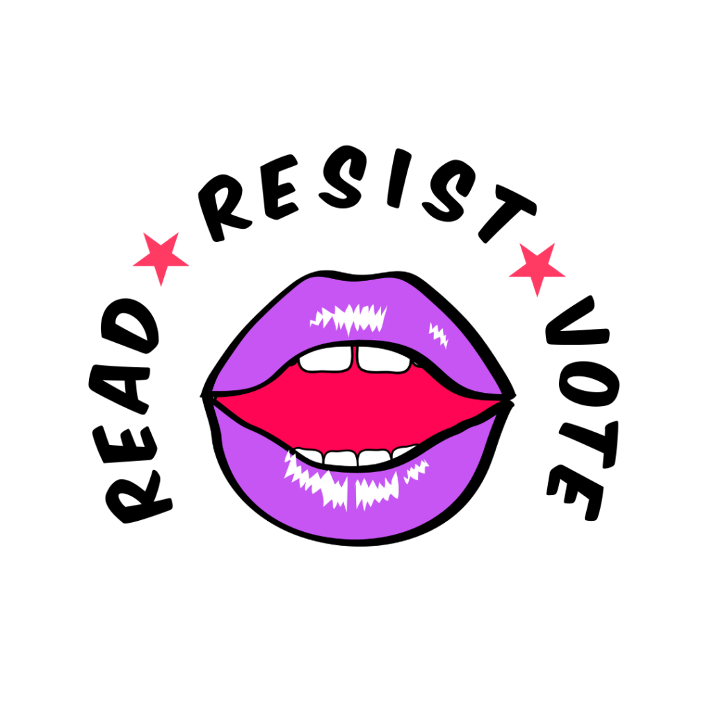 the words read, resist and vote are separated by star like shapes around the purple lips that make up the feminist book club logo