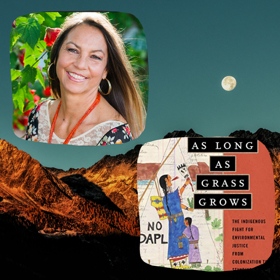 in the background are reddish mountains lit by a full moon in the night sky, in the foreground is an image of author dina gilio-whitaker and another image of the cover of as grass grows her book