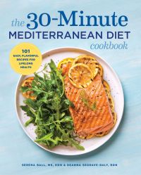 The 30-Minute Mediterranean Diet Cookbook cover, featuring a photograph of a fish-based dish against a pale blue background
