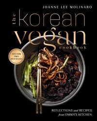 The Korean Vegan Cookbook cover featuring a photograph of a Korean dish against a black background and beneath gold font