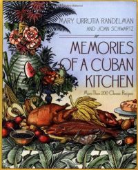 Memories of a Cuban Kitchen cookbook cover featuring an illustration of an elaborate spread that includes various meats, fish, and even plantains