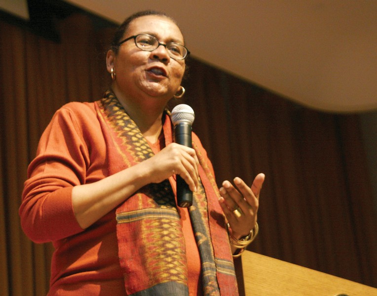 bell hooks lecturing in 2009, public domain wikimedia license