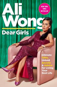 Dear Girls by Ali Wong - book cover - photograph of Ali Wong in a magenta-sequined evening gown napping in an easy chair in front of a green curtain