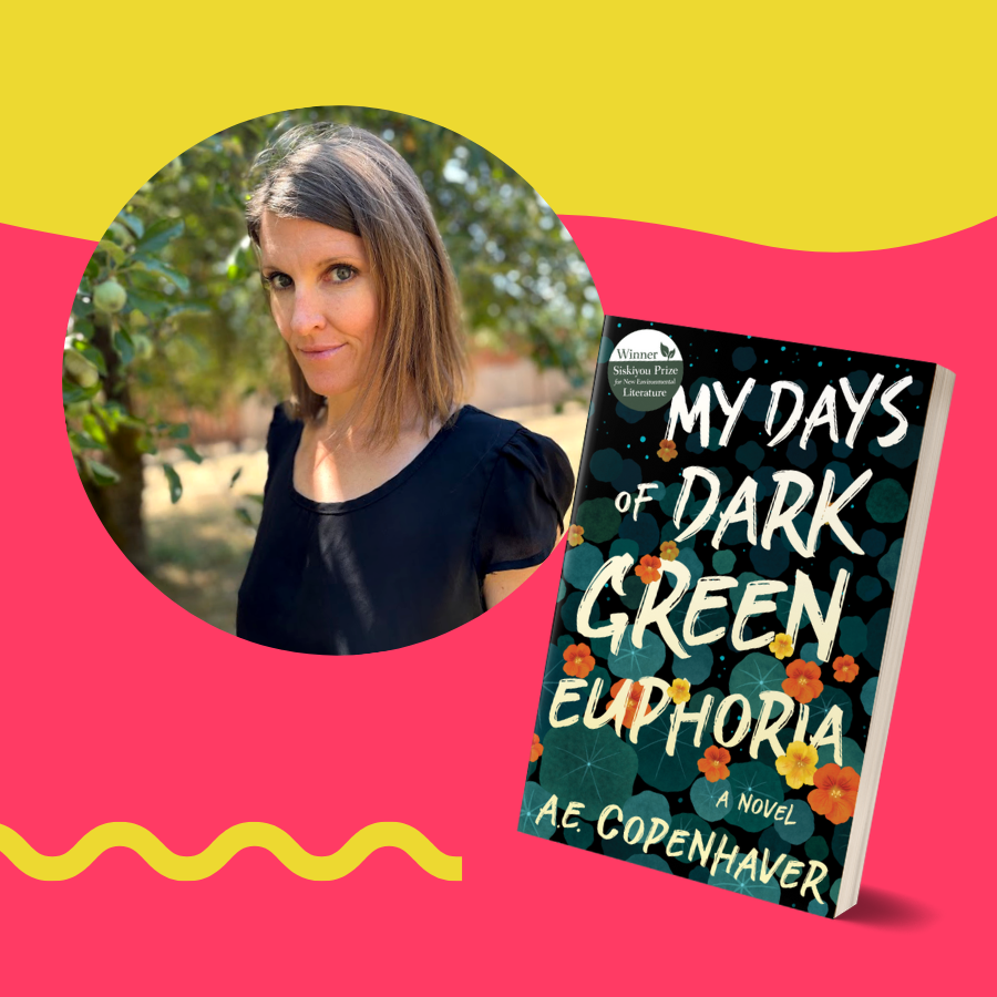 A picture of author A.E. Copenhaver and a picture of novel My Days of Dark Green Euphoria