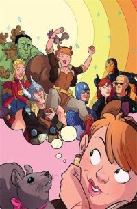 The Unbeatable Squirrel Girl, Vol. 1 by Ryan North and Erica Henderson - book cover - illustration of Squirrel Girl imagining all the big-time superheroes celebrating her awesomeness