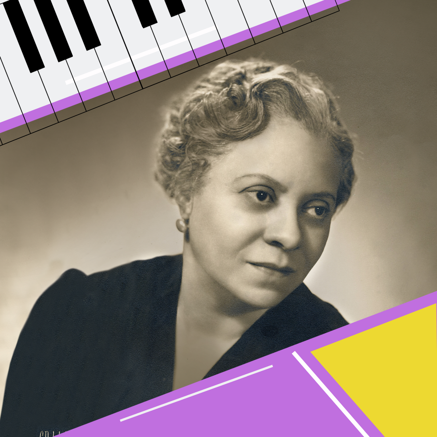 portrait of composer Florence Price with piano keys