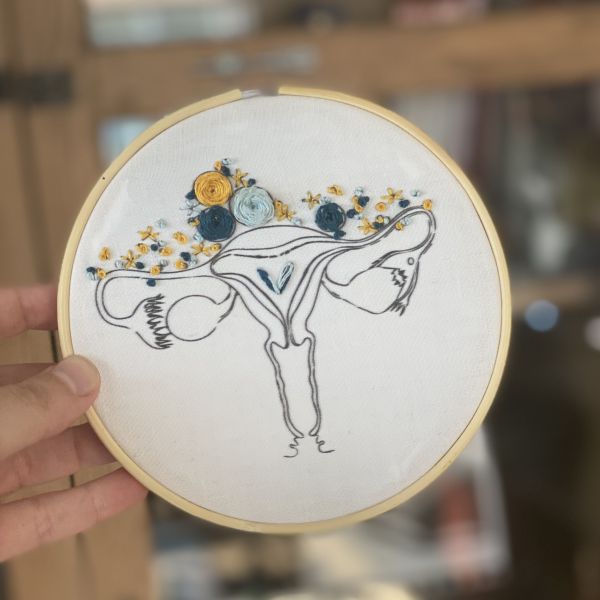 Hand holding an embroidery in an unfinished wooden hoop. A drawing of a uterus is printed onto the fabric, and this drawing has been embellished with blue and yellow flowers