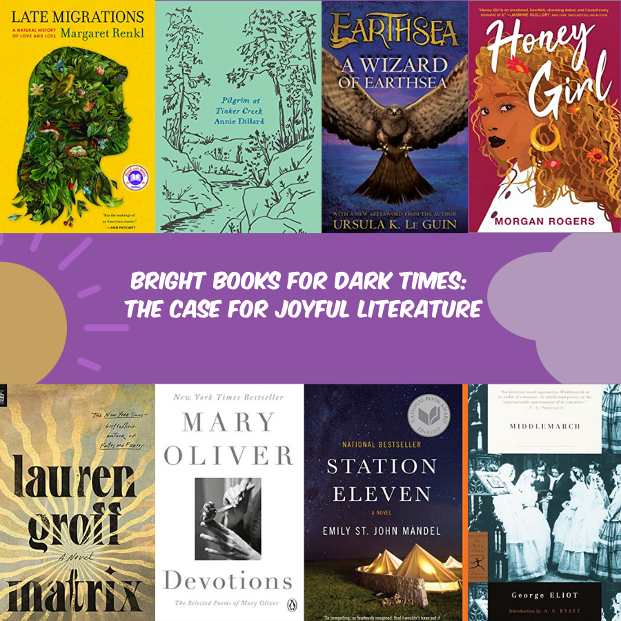 Bright Books for Dark Times: The Case for Joyful Literature, various book covers