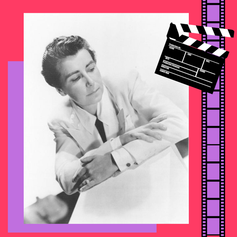 Black and white portrait of director Dorothy Arzner in a suit and tie with graphics of clapboard and film