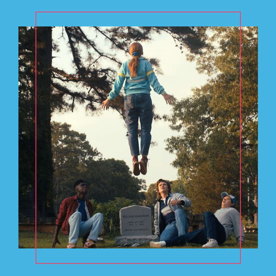 Image of Max and friends in graveyard in Stranger Things