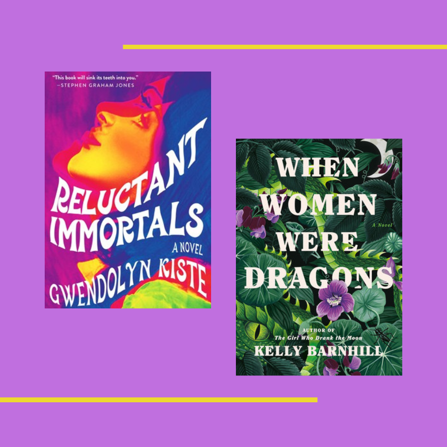 reluctant immortals book cover and when women were dragons book cover on a purple background