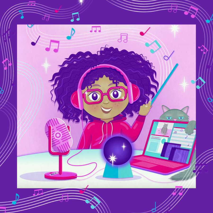 purple and pink image of young girl with podcast microphone, cat, and musical notes flying all around