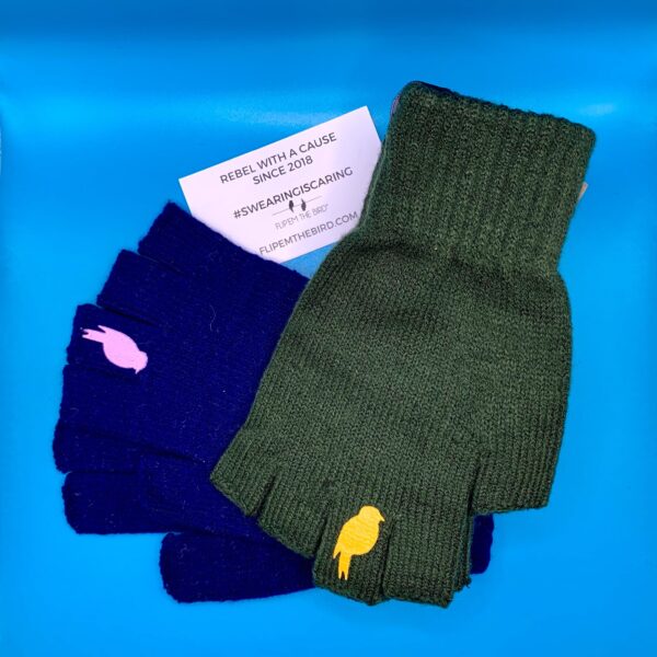 two pairs of fingerless gloves from flip em the bird sit on a blue background