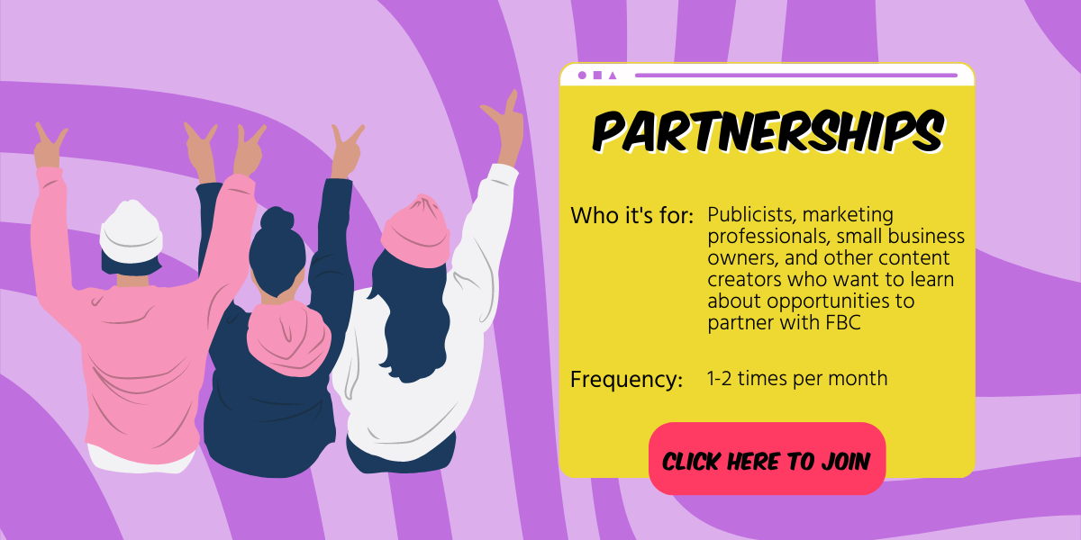Partnerships list - For publicists, marketing professionals, small business owners who want to learn about opportunities to partner with FBC