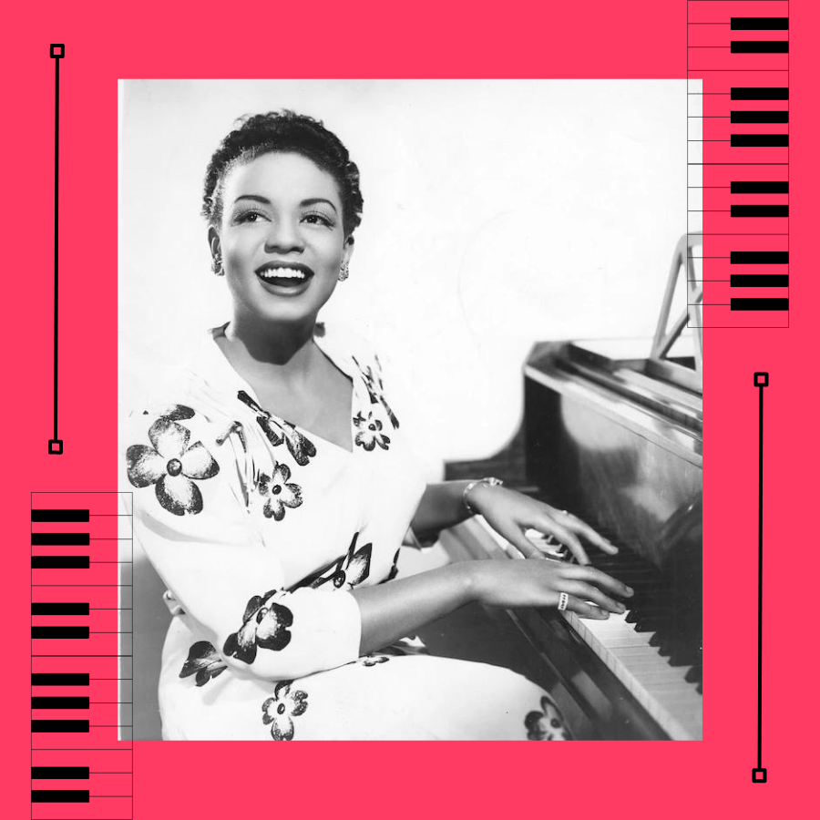 Black and white picture of Hazel Scott, a Black woman posed at the piano in a white floral dress and a big smile