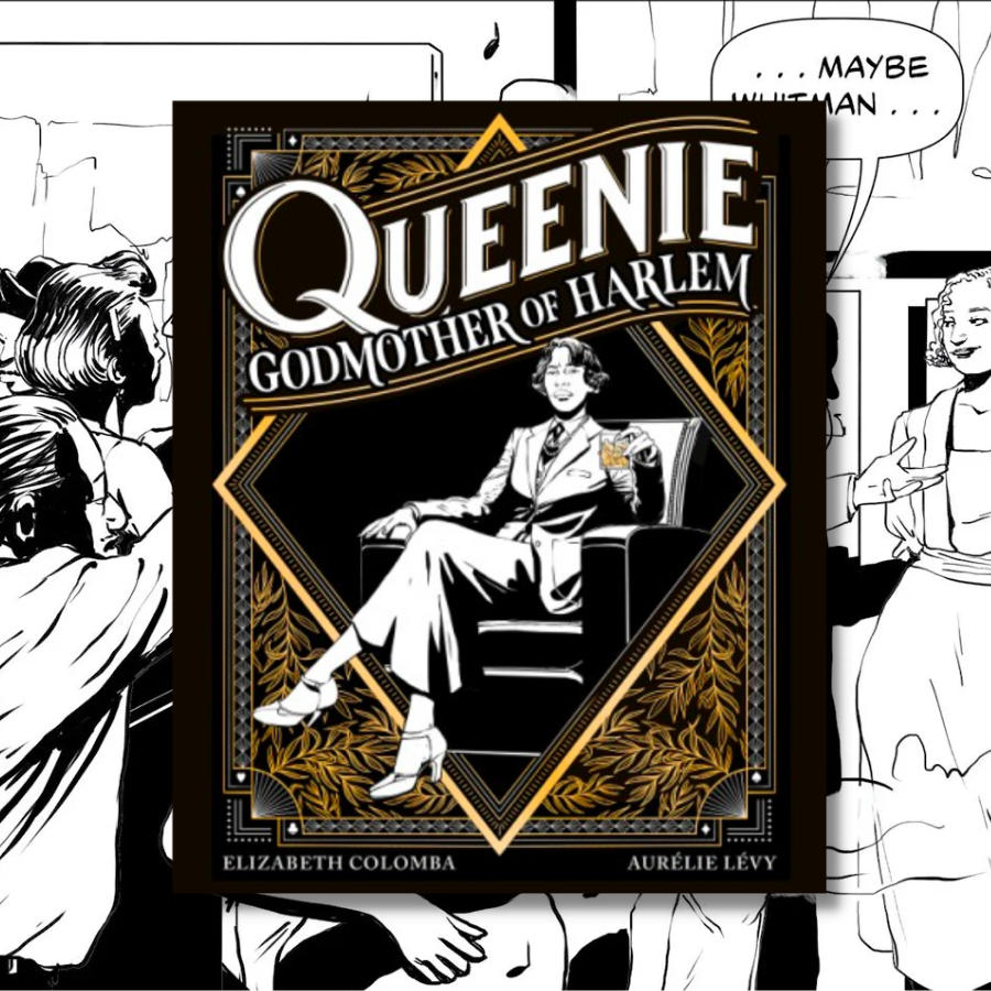 the cover of Queenie: Godmother of Harlem over a piece of its page art