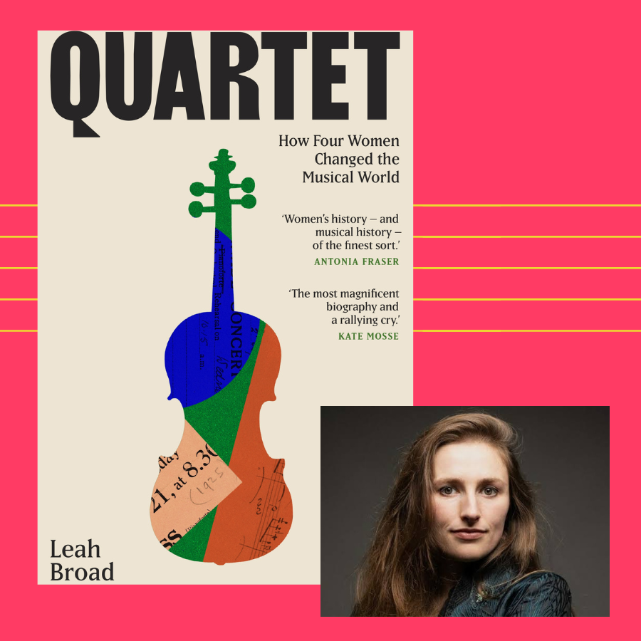 Book cover image of QUARTET featuring a collage-patterned viola design alongside an author photo of Dr. Leah Broad