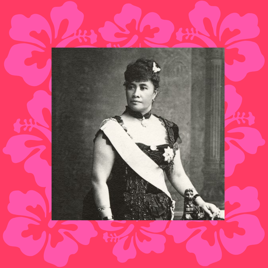 Formal black and white portrait of Hawaiian monarch Queen Lili'uokalani surrounded by pink hibiscus flower print border