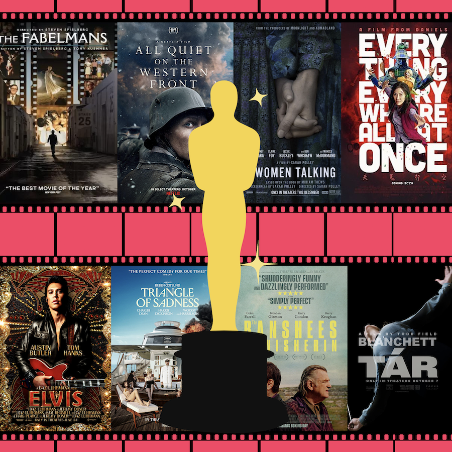 Illustrated yellow Oscar statue against backdrop of movie posters including The Fabelmans, All Quiet on the Western Front, Women Talking, Everything Everywhere All at Once, Elvis, Triangle of Sadness, The Banshees of Inisherin, and Tár.