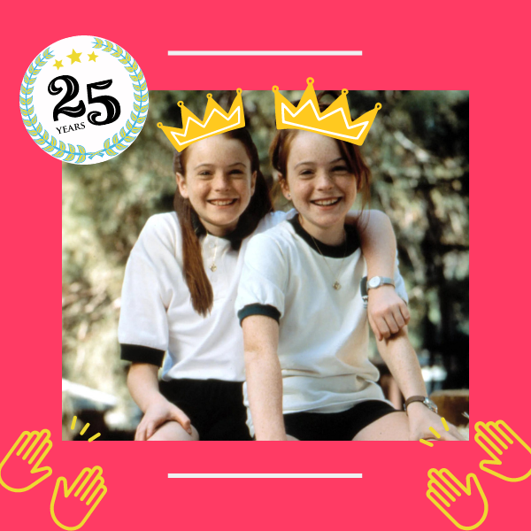 photo of Lindsay Lohan as Annie and Hallie in the 1998 movie The Parent Trap, with crown graphics added to their heads against a pink background