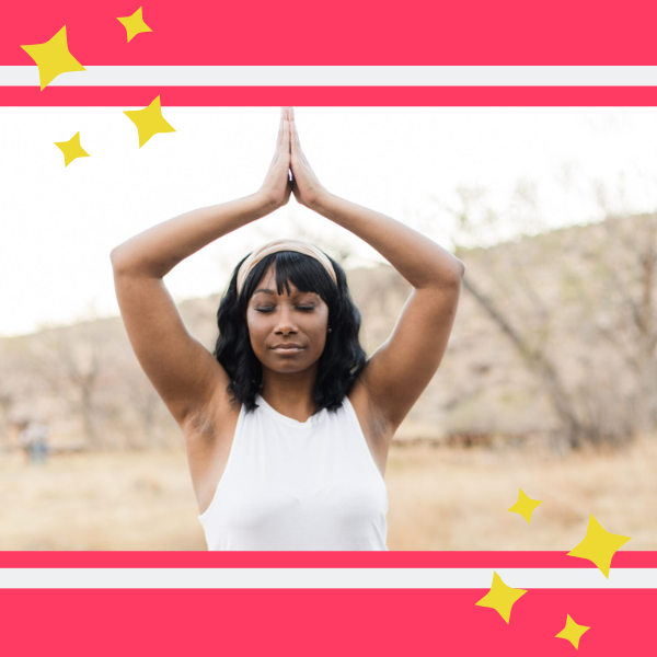 photo of woman in a yoga pose outside with her eyes closed, against pink background with yellow sparkles reminiscent of spring cleaning your body