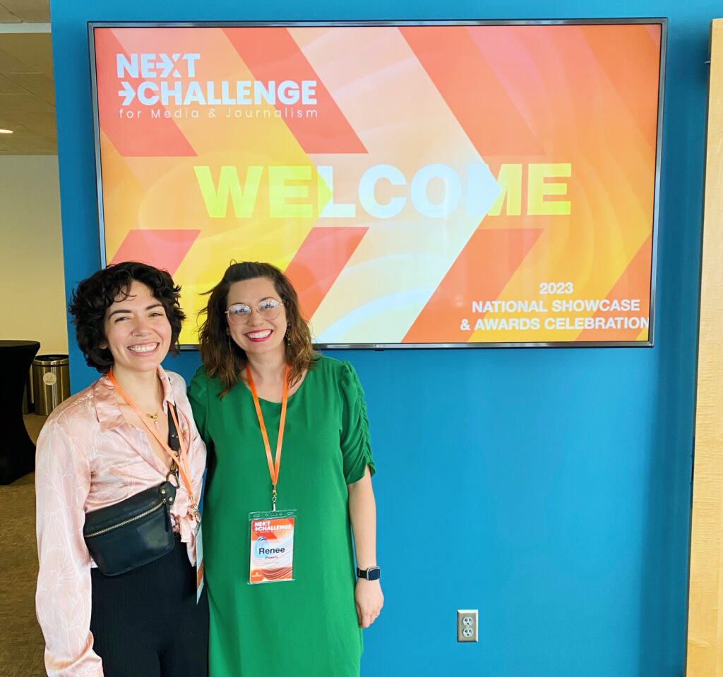 Rah and Renee stand in front of the Welcome sign at the Next Challenge award ceremony