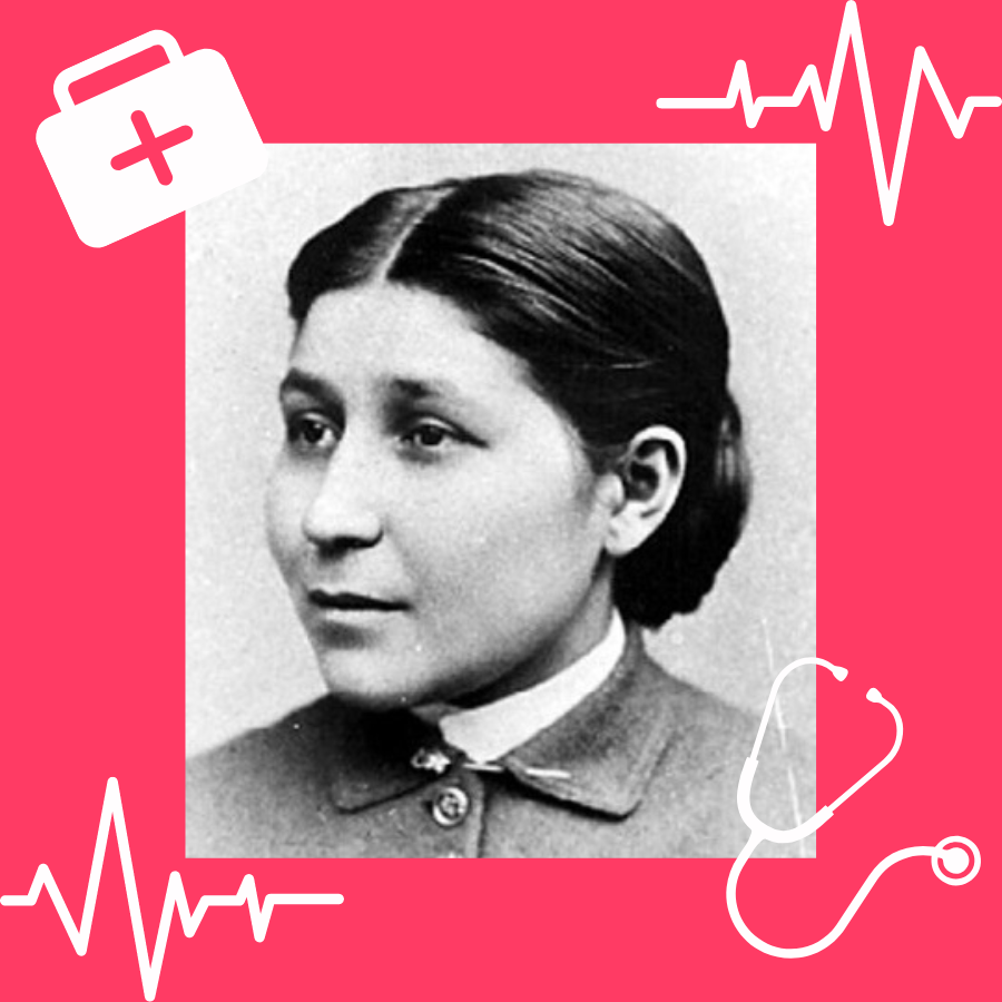 Black and white photo of Dr. Susan La Flesche Picotte with graphics of stethoscope and medical bag against bright pink background