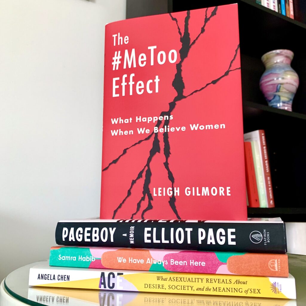a book stack with books including: The #metoo effect, Pageboy, We Have Always Been Here, and Ace. Listen to the episode to learn more