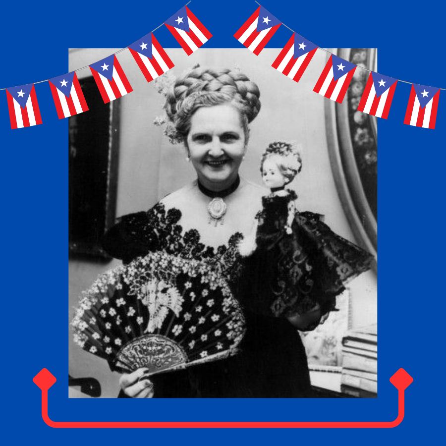 black and white photo of Mayor Felisa Rincón de Gautier holding a fan and a doll, decorated with illustrated flags of Puerto Rico