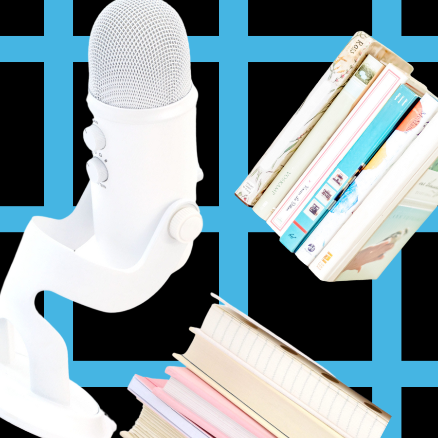 Microphone with stacks of books, signifying audiobook narrators