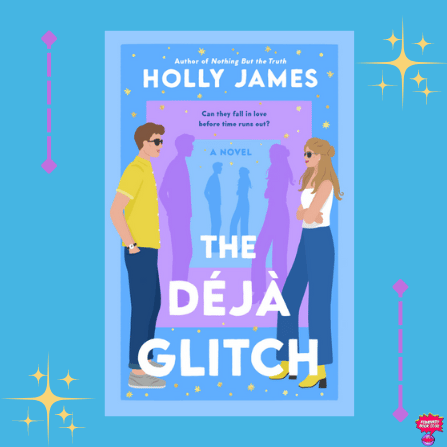Book cover, titled "The Deja Glitch" positioned in the middle with a blue background