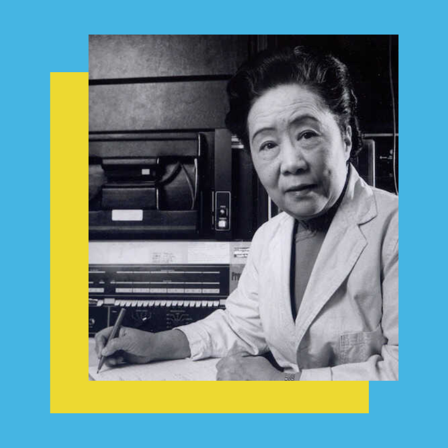 black and white photo of scientist Dr. Chien-Shiung Wu writing at a desk, against blue and yellow background