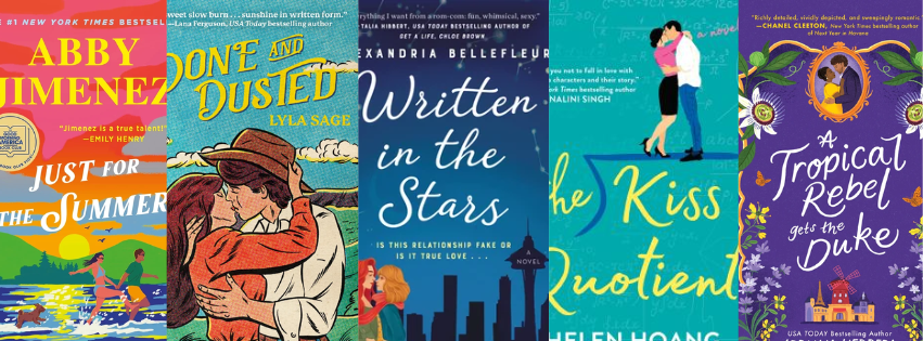 Covers of five different romance novels from contemporary titles to historical fiction
